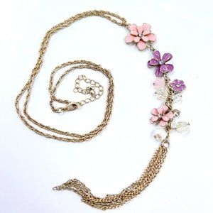 NWT – Charming Charlie – Flower Charm Tassel Matte Gold Tone 26” Necklace